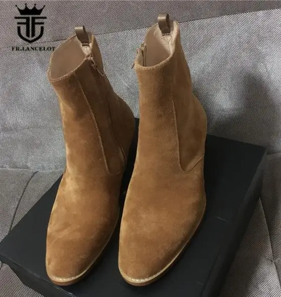 FR.LANCELOT Brand Brown Suede Handmade Vintage Nobel Luxury Genuine Leather Wyatt Harness Side Zipper Men Shoes