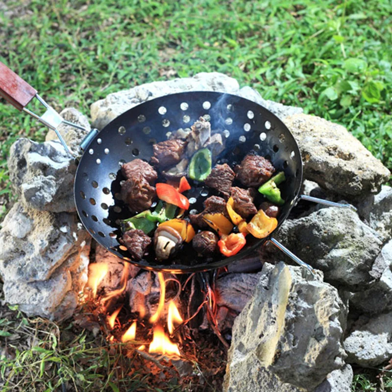 

Hot 11'' Non Stick BBQ Grilling Skillet w/ Folding Handle Round Pizza Grill Pan For BBQ Veggies Seafood BBQ Tool Free shipping