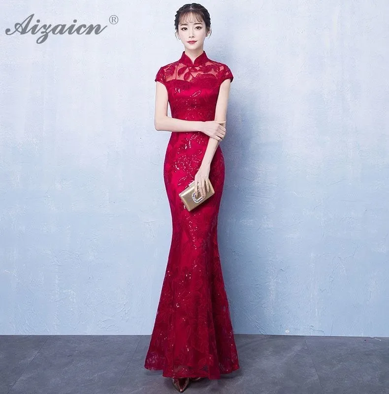 De color rojo sirena novia largo Cheongsam las mujeres chino tradicional boda Vestido Qipao Восточный de moda vestido de fiesta