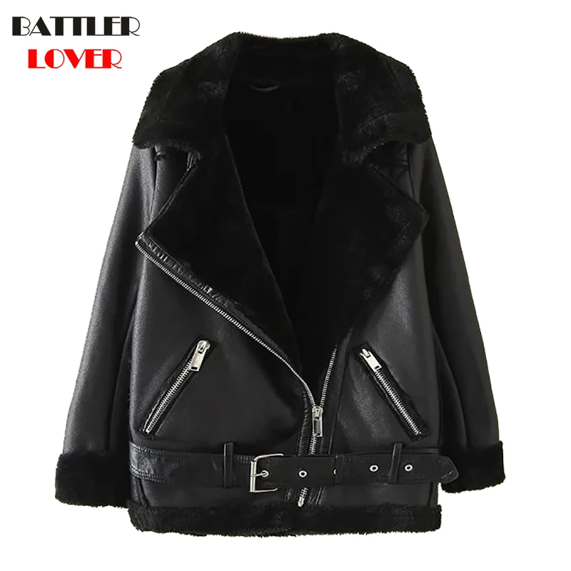 2018 Women Fur Leather Jacket Winter Thick Warm Jacket Womens Rivet Luxury Design Hip Hop Biker Jacket Mujer Femme Leather Coats
