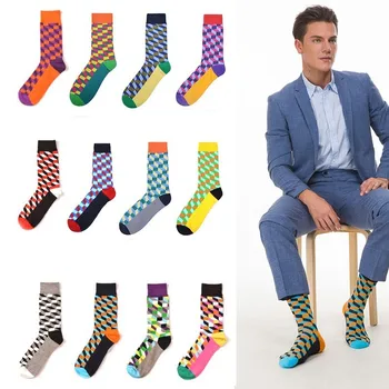 

Men's Tube Cotton Happy Socks Fashion Colorful Multi Pattern Rhombic Lattice Male Streetwear Cozy Funny Stockings Novelty Fun
