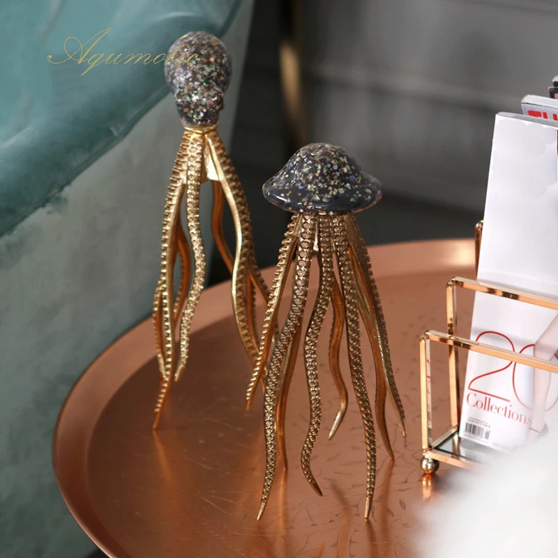 Aqumotic Big Squid Home Decortion 1pc Large Cute Octopus Decor Resin Shell Golden Sea Animal for Bedroom Tabletop Accessories