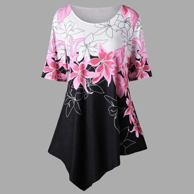 Для женщин Туника блузка летние шорты рукавом баски Топы свободные асимметричный подол Цветочный Принт Рубашка Роковой Тонкий