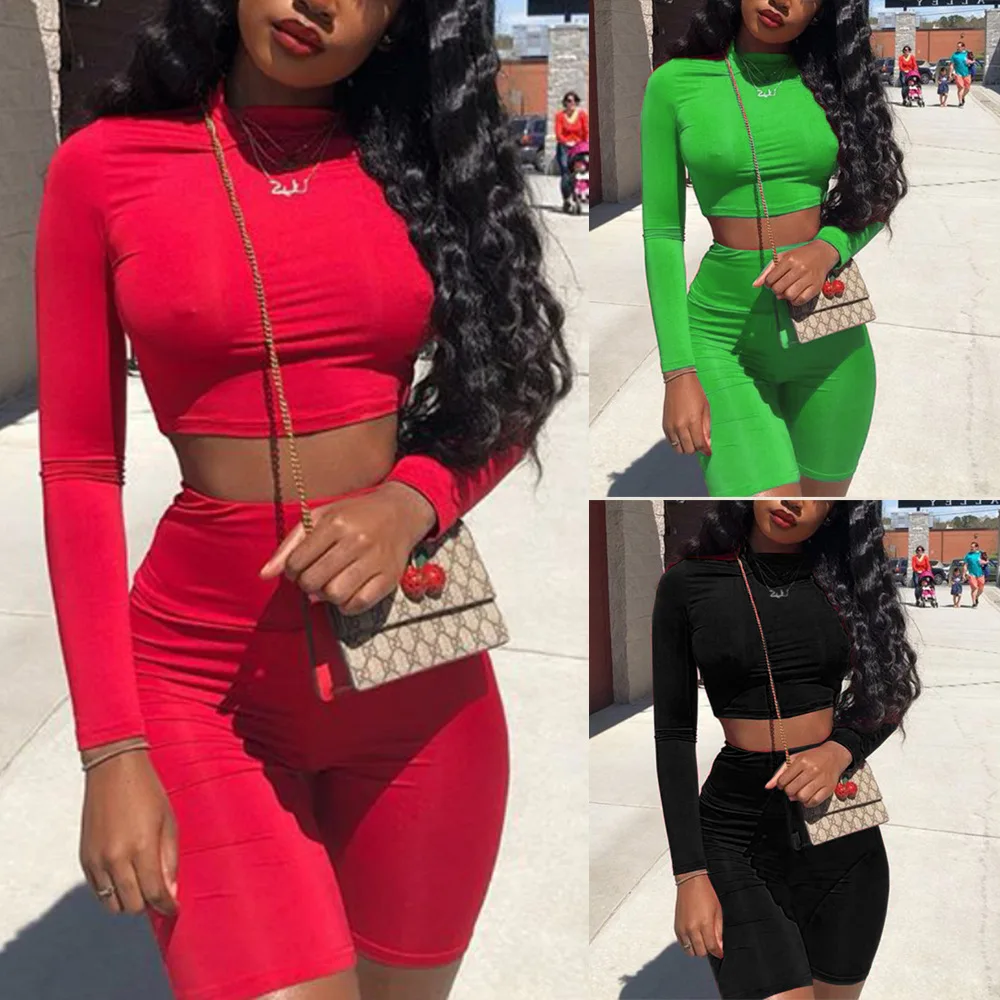 

BKLD Red Two Piece Set Women Long Sleeve Crop Tops And Biker Shorts Sexy Club Outfits Two Piece Casual Tracksuit Matching Sets