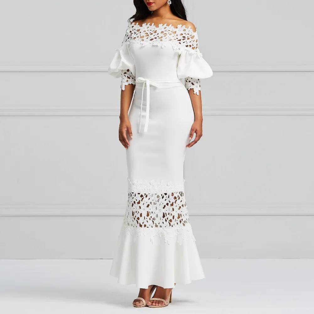 Женское сексуальное Элегантное Длинное платье русалки, белое кружевное платье для вечеринки, пэчворк, рукав-фонарик, открытая шнуровка, макси бодикон Vestidos