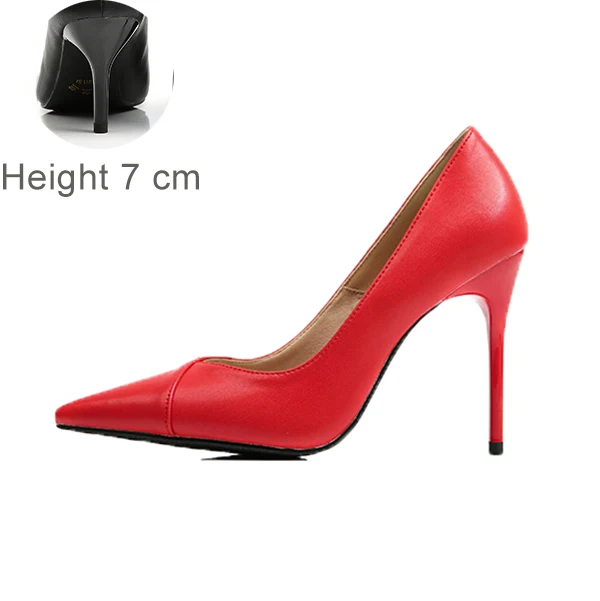 Женские брендовые туфли на каблуке; женская обувь на тонком каблуке; классические женские туфли-лодочки; повседневная обувь с острым носком без застежки; Новое поступление года - Цвет: Red Height 7cm