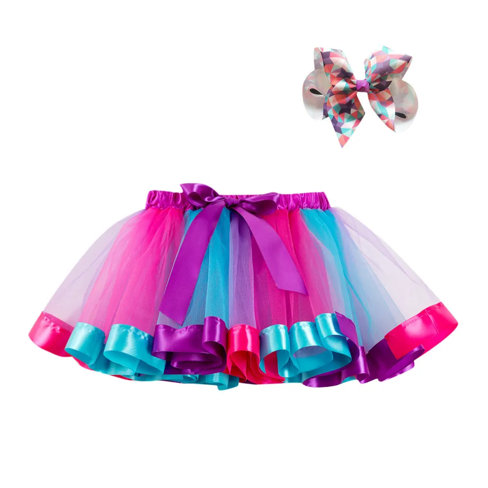 Детская Радужная юбка-пачка для девочек, вечерние танцевальные балетные костюмы для малышей, юбка+ заколка в виде бантика, комплект одежды принцессы для девочек, 45