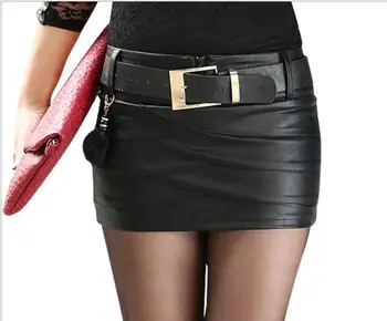 

2019 Plain Faux Leather Skirt Black Mid Waist Zip Front Sexy PU Skirt Women Elegant Sheath Avove Knee Mini Skirt with Belt