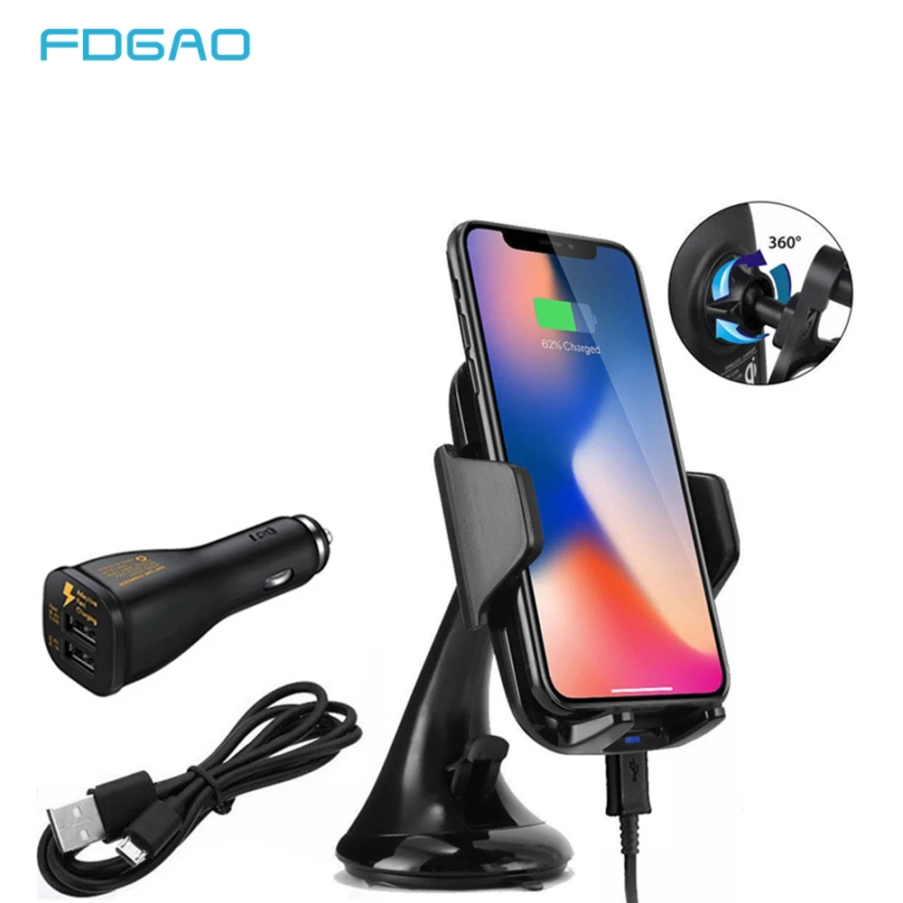 FDGAO 10W 2 in 1 Qi Wireless Car Charger for iPhone XR X 8 XS Max Samsung S8 S9 S10 Fast Charging Car Mount Mobile Phone Holder