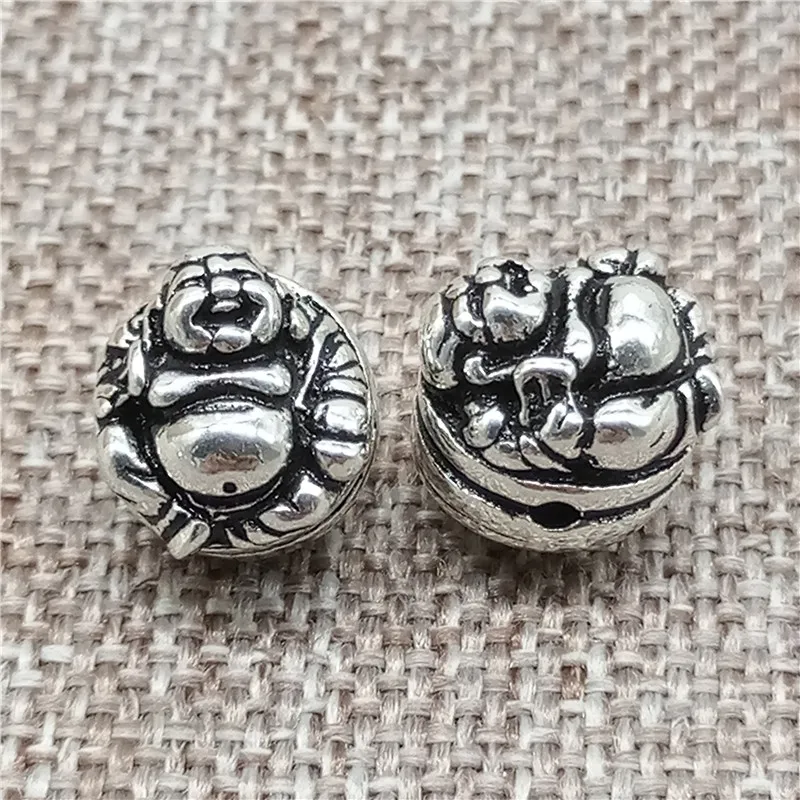 

2pcs of 925 Sterling Silver Happy Buddha Statue Round Beads for Buddhist Buddhism Bracelet Necklace