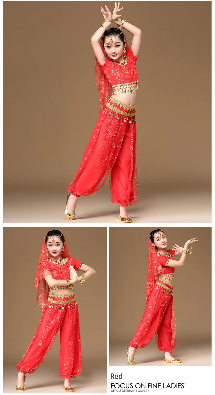 Сари танцевальная одежда дети индийский наряды болливудская одежда детский набор костюма для танца живота 4 шт.(Топ пояс брюки вуаль