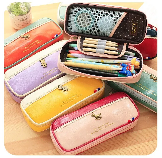 Cute Large Capacity PU Leather Stationery School Pencil Case Cosmetic