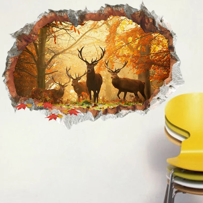 

Broken wall 3D Deer Elk forest wall sticker living room removable for home decoration background decals art landscape Stickers
