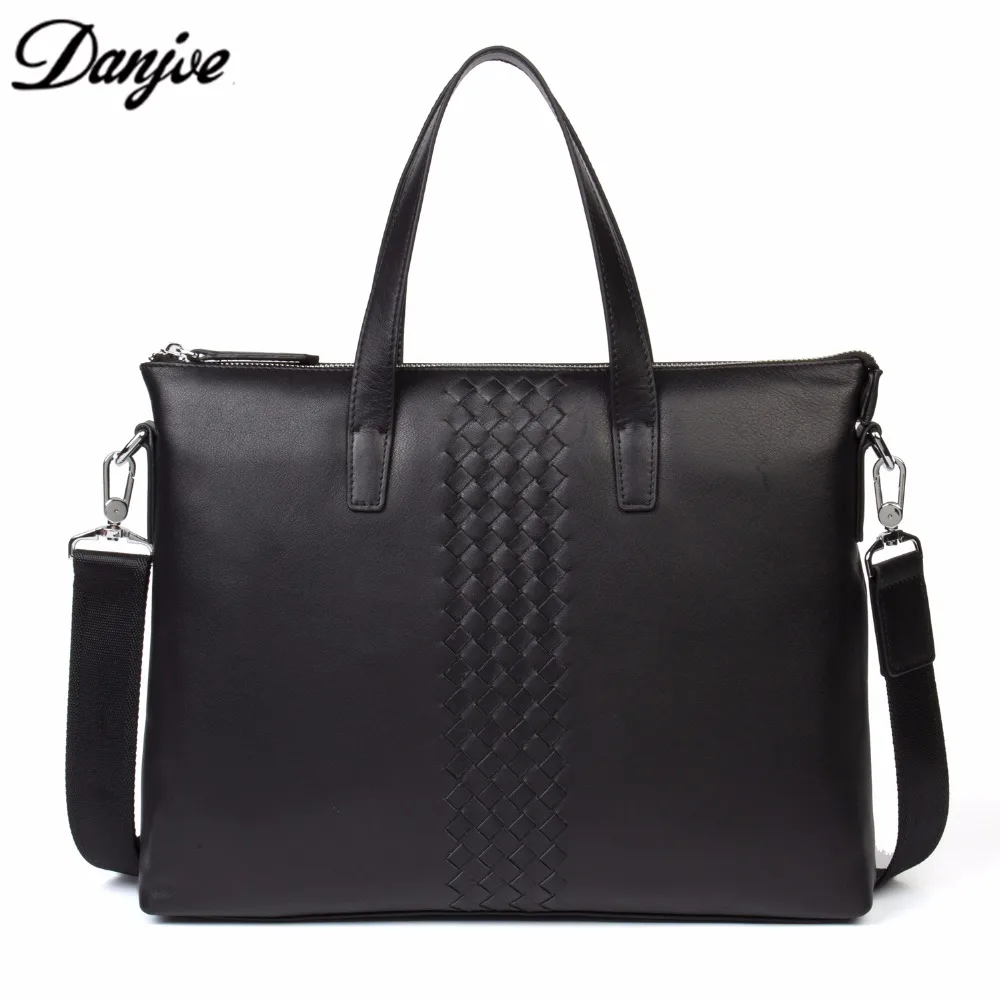 DANJUE 2017 HOT Black Woven New Genuine Leather Men's Satchel Handbags For Men Shoulder Bags Briefcase 14' Laptop Bag 211-1