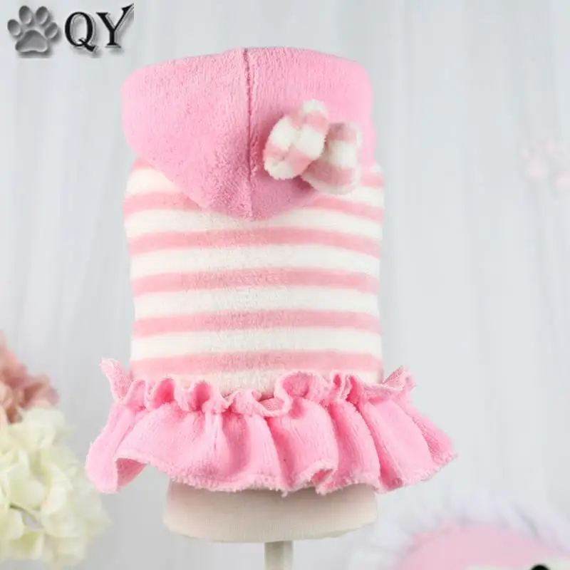 

Striped Bow Thick Downs Chihuahua Dog Dress With Hats Girl Female Soft Cotton Dress Clothing For Dogs Puppy Dog Cat Pet Clothes