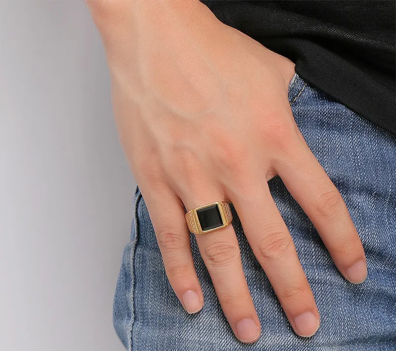 Мужское кольцо из нержавеющей стали с натуральным квадратным черным ониксом, крутые Модные мужские ювелирные изделия золотого цвета, простой дизайн, подарочная коробка