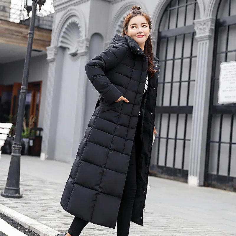 Модная зимняя женская куртка с большим меховым поясом, с капюшоном, толстая, новинка, пуховики, удлиненная женская куртка, пальто, тонкая теплая зимняя верхняя одежда - Цвет: Black No Fur