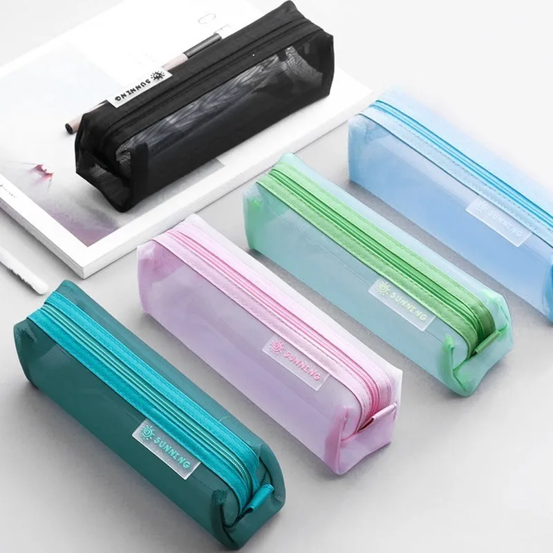 

School Mesh Pencil Cases Kawaii Cute Solid Color Transparent Pencil Box School Student Pen Bag Supplies Lapis Stationery