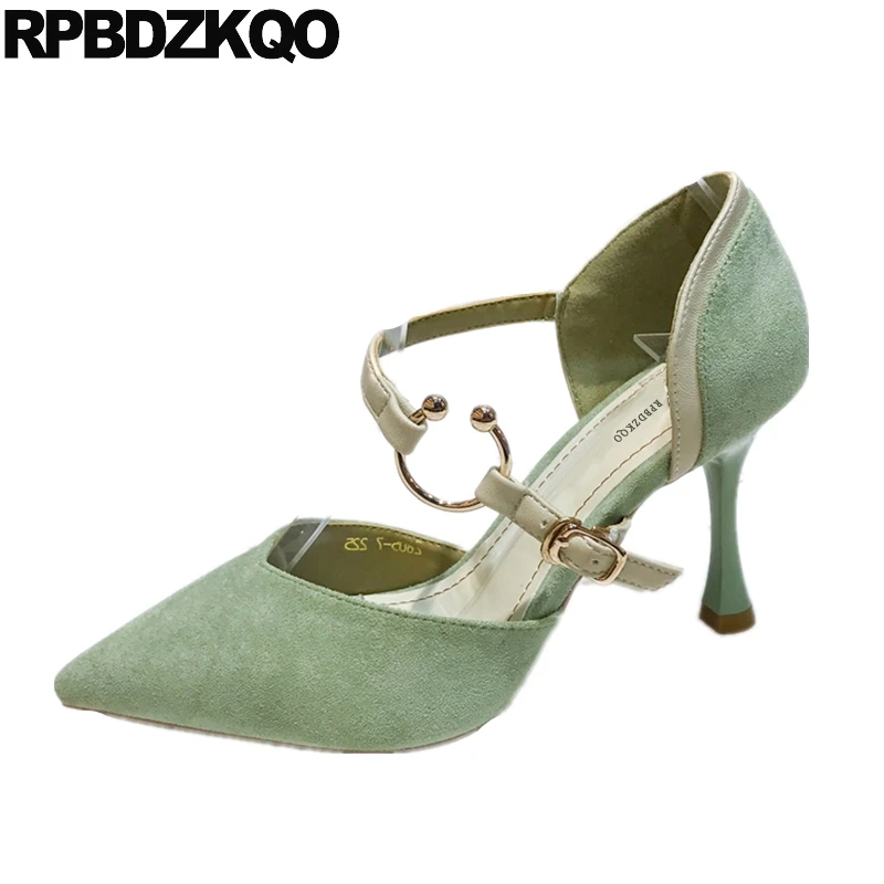 

2018 shoes mary jane stiletto pumps pointed toe women green new summer high heels strap suede size 4 34 scarpin 8cm sandals