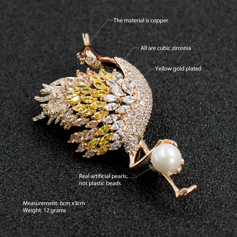 Cubic Zirconia Pearl Bird Flamingo Brooch Broach Pin Pendant Women Jewelry Accessories Thanksgiving gift XR03436