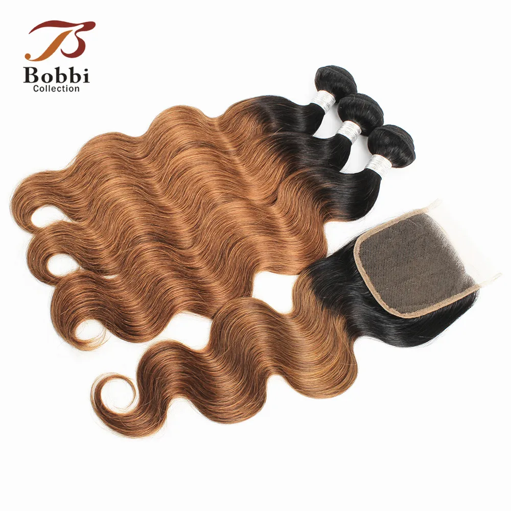 BOBBI коллекция 3/4 пучков с закрытием T 1B 30 Омбре бразильские волосы волнистые пучки волос не Реми человеческие волосы для наращивания