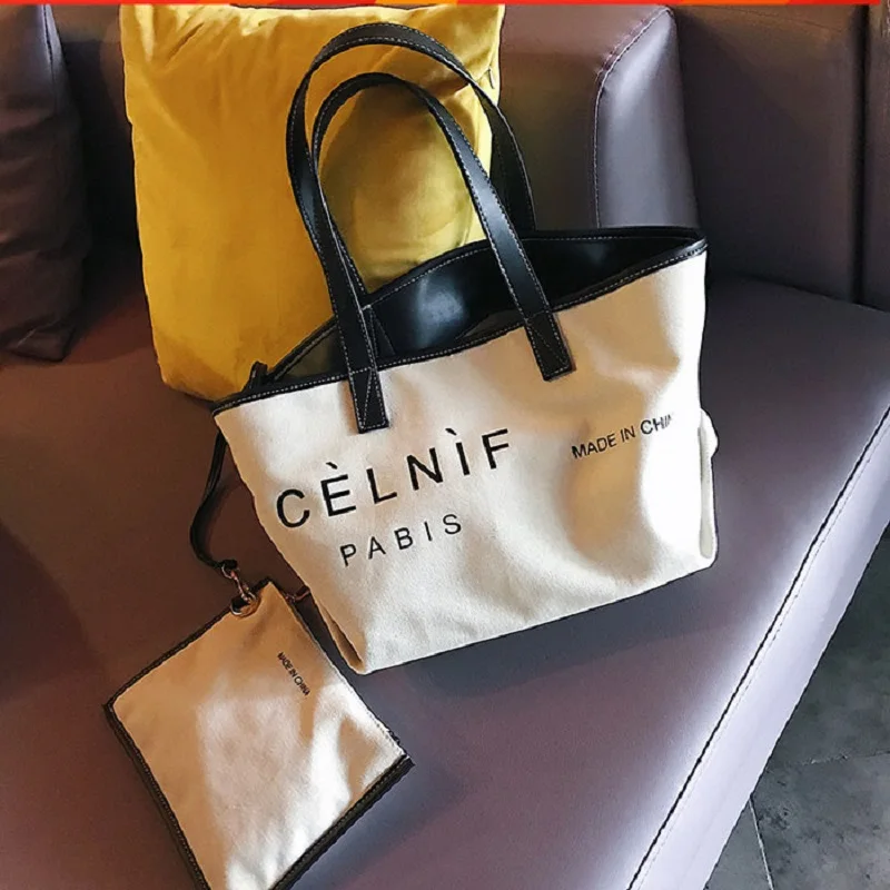 

2pcs/set Letter Print Canvas Bag Fashion Ladies Shoulder Large Capacity Handbags Totes Big Shopping Bags For Women