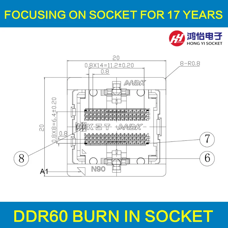 

DDR2-0.8-60pin Burn in Test Socket Ball Pin Pitch 0.8mm DDR DIMM DRAM for DDR manufacturer