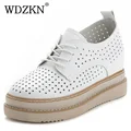 WDZKN 2017 Spring Summer High Heels Platform Women Casual Shoes Handmade Sewing Retro Genuine Leather Wedge Women Shoes HB37