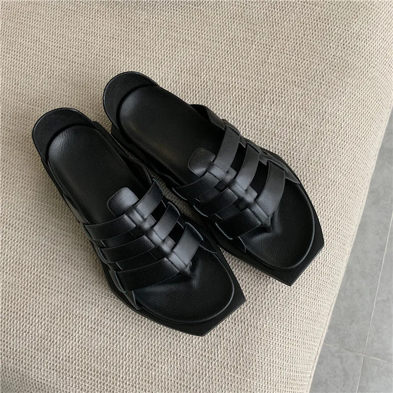 В стиле панк черный из черной кожи с открытым носком и ремешками на лодыжке сандалии на платформе, Гладиатор с ремешками, женская пляжная обувь