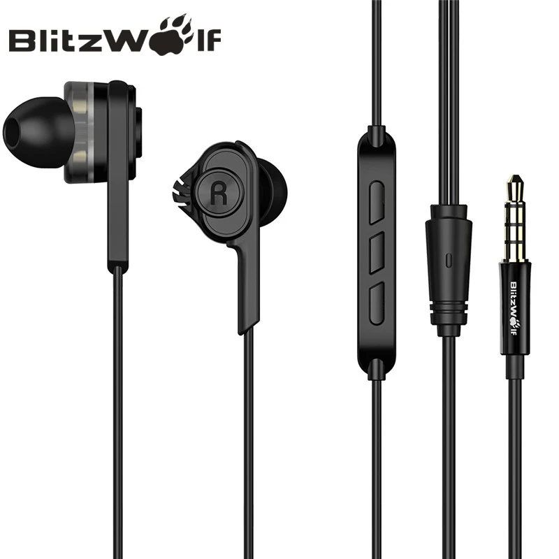 Черный BlitzWolf 3,5 мм проводные наушники с микрофоном наушники-вкладыши Наушники с микрофоном универсальные для samsung для iPhone 6S смартфонов - Цвет: Черный