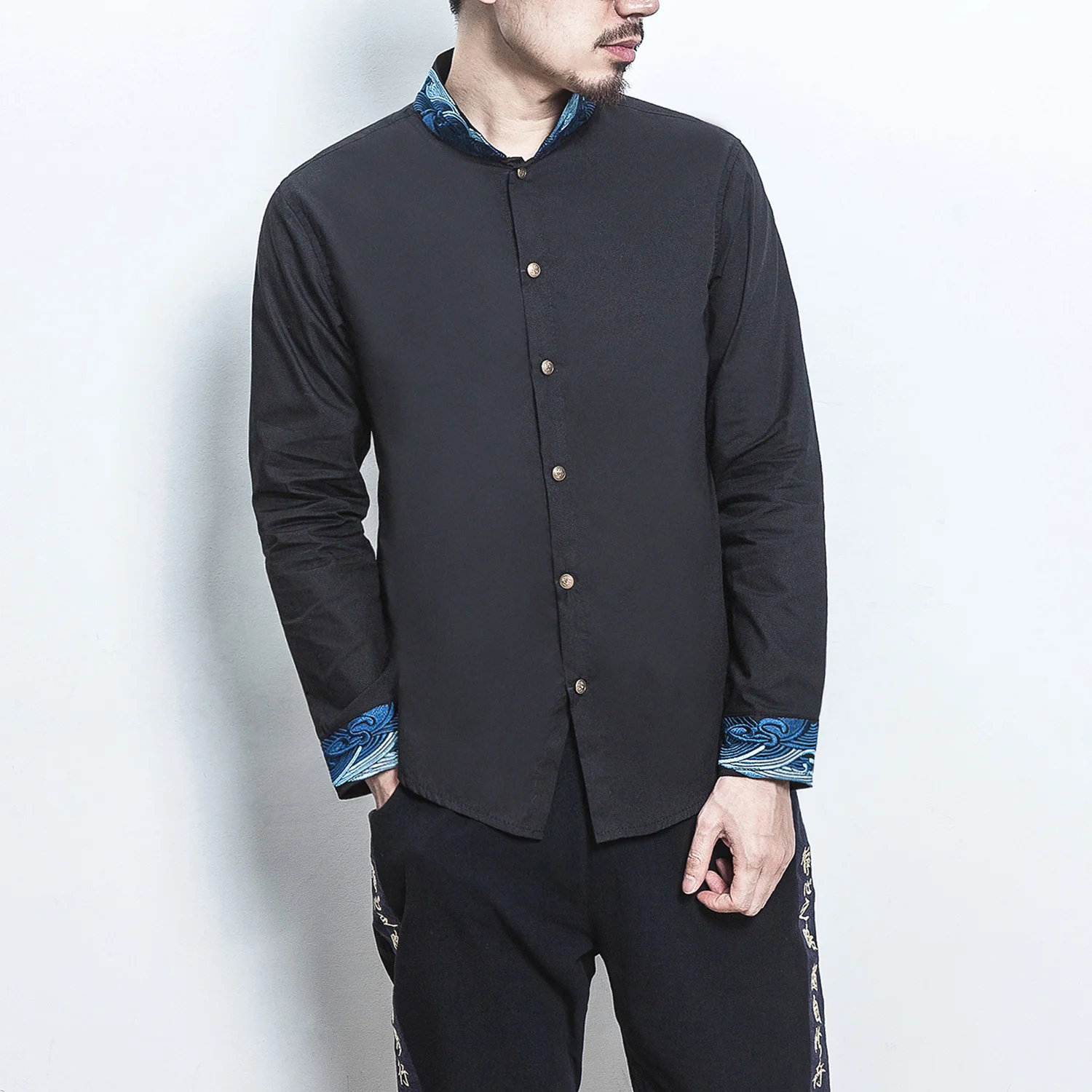 Loldeal Men's stand collar court embroidered long sleeve shirt Men Slim