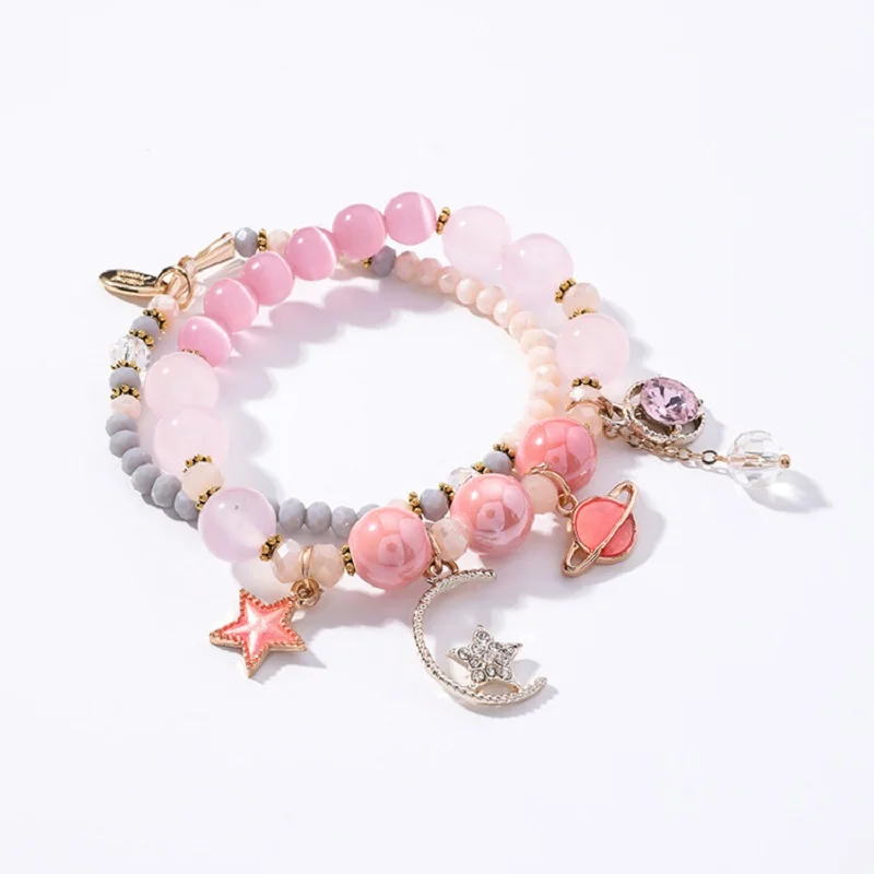 

Simple Crystal Beads Double Layer Bracelet Girls Women Fashion Jewelry Star Moon Jupiter Bracelets Cute
