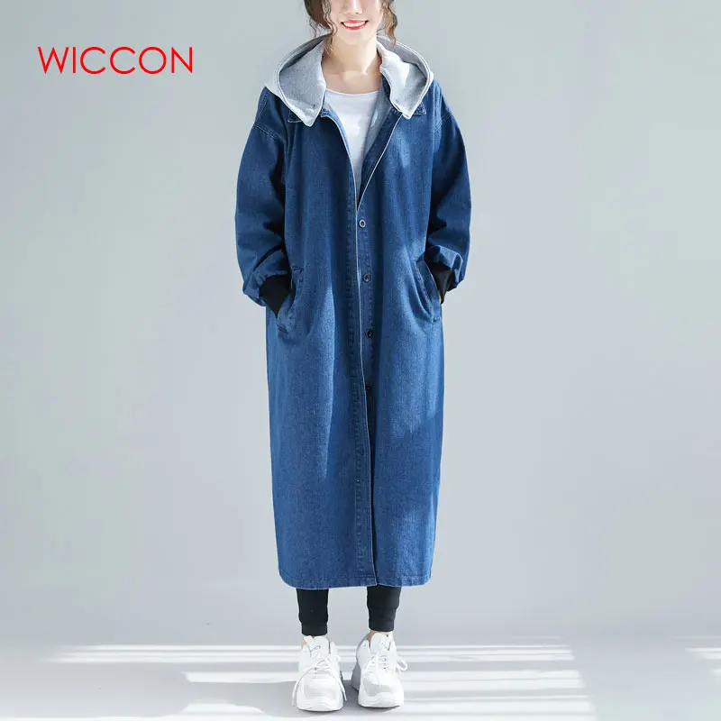 

Hooded Sweater Detachable Loose Casual Long Denim Windbreaker Jacket