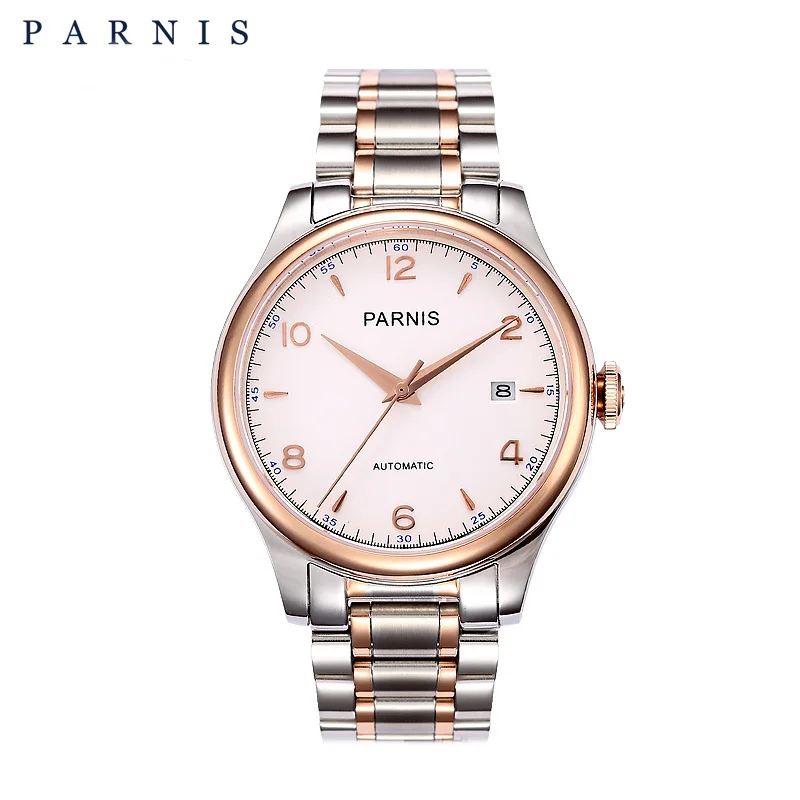 PARNIS 38 мм механические часы полностью из нержавеющей стали 18 к позолоченные автоматические часы для мужчин лучший бренд класса люкс relogio masculino - Цвет: rose white