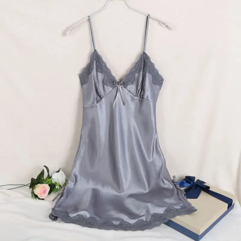 Женское сексуальное шелковое атласное Ночное платье без рукавов с v-образным вырезом кружевная ночная рубашка халаты для женщин - Цвет: Grey