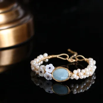 

DAIMI Natural Pearl Shell Flower Gentle And Sweet Bangle Wrist Handmade Blue Gemstone Bracelet Bangle Designer Jewelry For Women