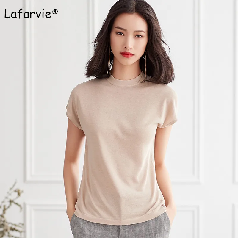 

Lafarvie Knitted Linen Sweater Women Summer O-Neck Short Sleeve Thin Solid Soft Comfortable Knitting Jumper Shirt Beige M-XL
