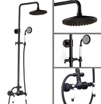 

Black Oil Rubbed Brass Dual Ceramic Handle Bathroom 8 Inch Round Rain Shower Faucet Set Bath Mixer Tap Hand Shower mrs474