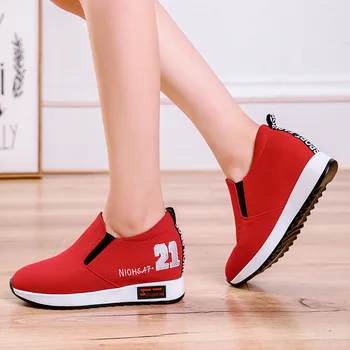 

SWYIVY Canvas Casual Flat Shoes Platform Lady 2019 Spring New Wedge Heel shoes Woman Black/Red Sneaker Female Fashion 40size