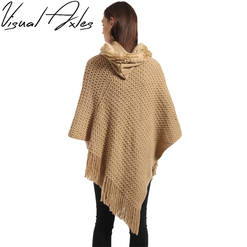 

[Visual Axles] Women Fur Poncho 2017 Female Winter Warm Knitted Hooded Sweater Poncho Plus Size