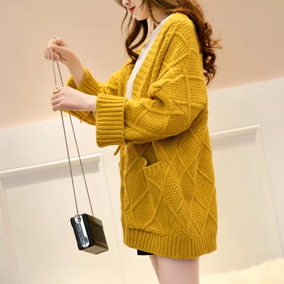 

4 Color Long Section Twist Sweater Cardigan Coat Female 2019 Spring New Korean Version Loose Lazy Thick Pocket Sweater Size