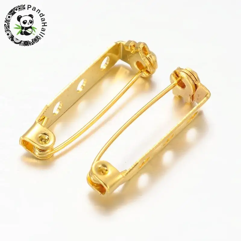 PandaHall 500pcs 3 Holes 27x5x7mm Iron Pin Backs Golden Brooch Findings