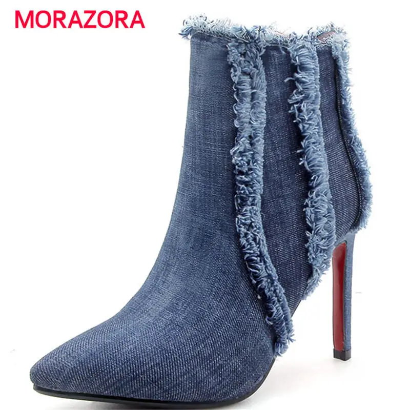 

MORAZORA big size fashion denim ankle boots for women autumn winter pointed toe super high heel boots stiletto heel zipper boots