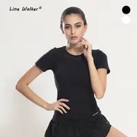 Линия Walker вафельная Фитнес дышащие кроссовки спортивная футболка выдалбливают тренажерный зал короткий рукав Топ для занятий йогой быстросохнущая Для женщин спортивный топ