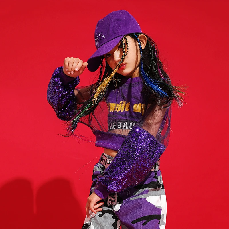 Детский костюм для джазовых танцев, фиолетовый танцевальный топ для девочек, камуфляжные штаны, одежда для выступлений в стиле хип-хоп, одежда для занятий уличными танцами