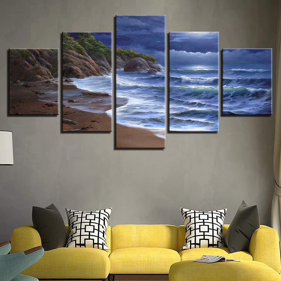 

Canvas Paintings Living Room Wall Art Framework HD Prints 5 Pieces Sea Wave Nightscape Pictures Beach Seascape Poster Home Decor