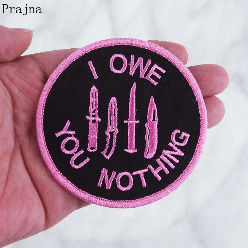 

Prajna I OWE YOUR NOTHING Gothic Patch Applique Iron On Patches For Clothes Garment Badge Embroidered Knife Fabric Patch Stripes