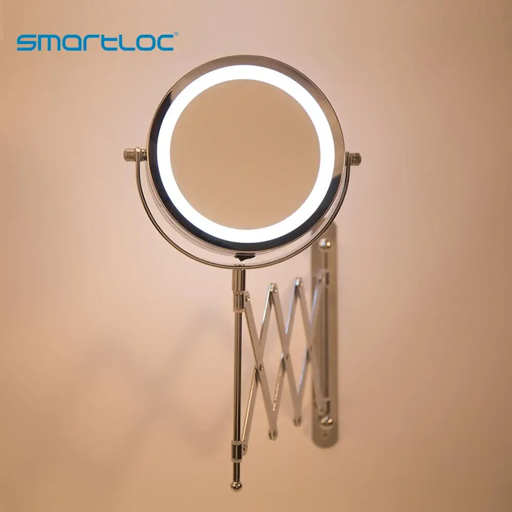 

smartloc Iron Arm Extend Wall Mounted 15cm 2 Face 3X Magnifying LED Light Bathroom Mirror Vanity Hanging Round Mirrors