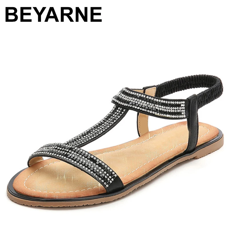 BEYARNE Summer Women Casual Flats Gladiator Sandals Shoes Woman Bohemia Crystal Open Toe Hot Retro Beach Black Sandals