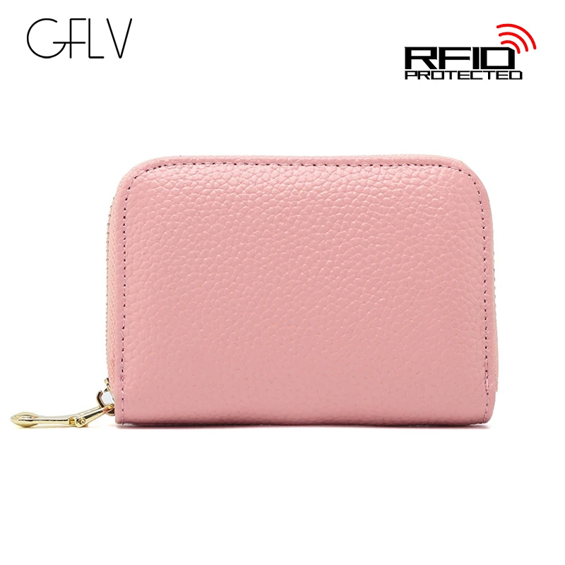 

GFLV Brand Business Small Card & ID Holders Wallet Women Rfid Wallet Genuine Leather Zipper Purse Card Holder Wallet
